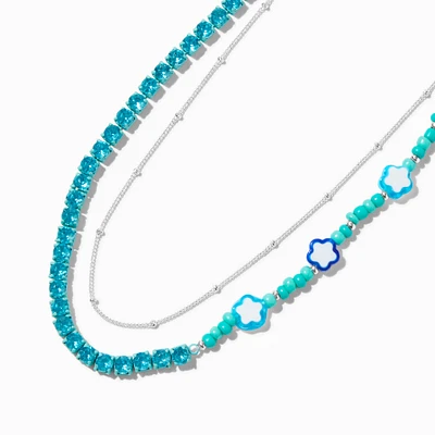 Blue Flower Beaded Silver-tone Chain Multi-Strand Necklace