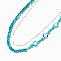 Blue Flower Beaded Silver-tone Chain Multi-Strand Necklace