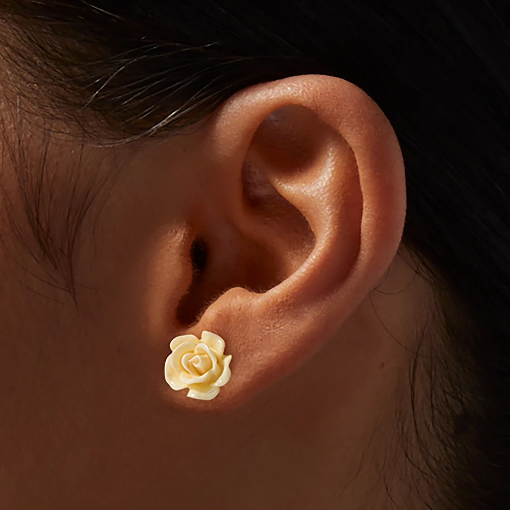 Ivory Carved Rose Stud Earrings 