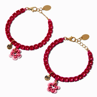 Best Friends Pink Enamel Flower Rhinestone Bracelets - 2 Pack