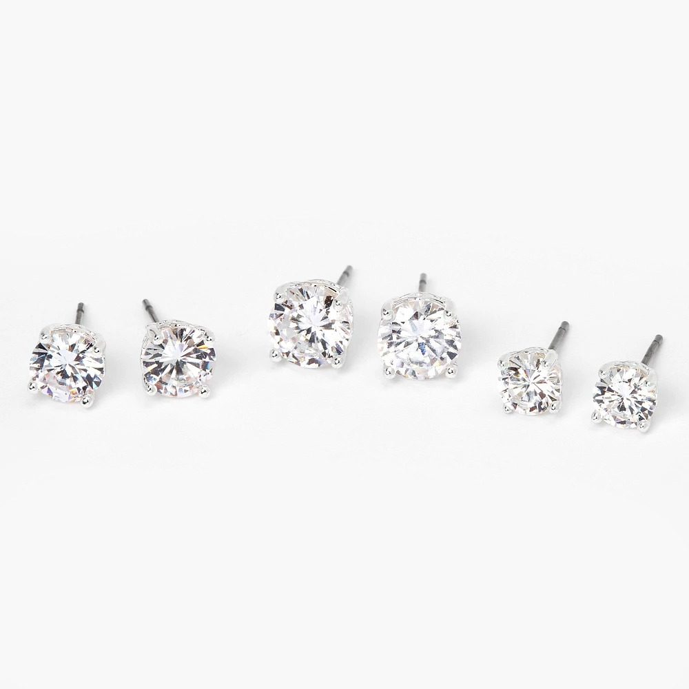 Silver-tone Cubic Zirconia 6mm, 7mm, & 8mm Round Stud Earrings - 3 Pack