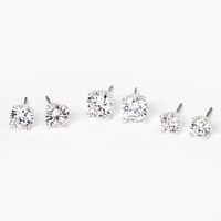 Silver-tone Cubic Zirconia 6mm, 7mm, & 8mm Round Stud Earrings - 3 Pack