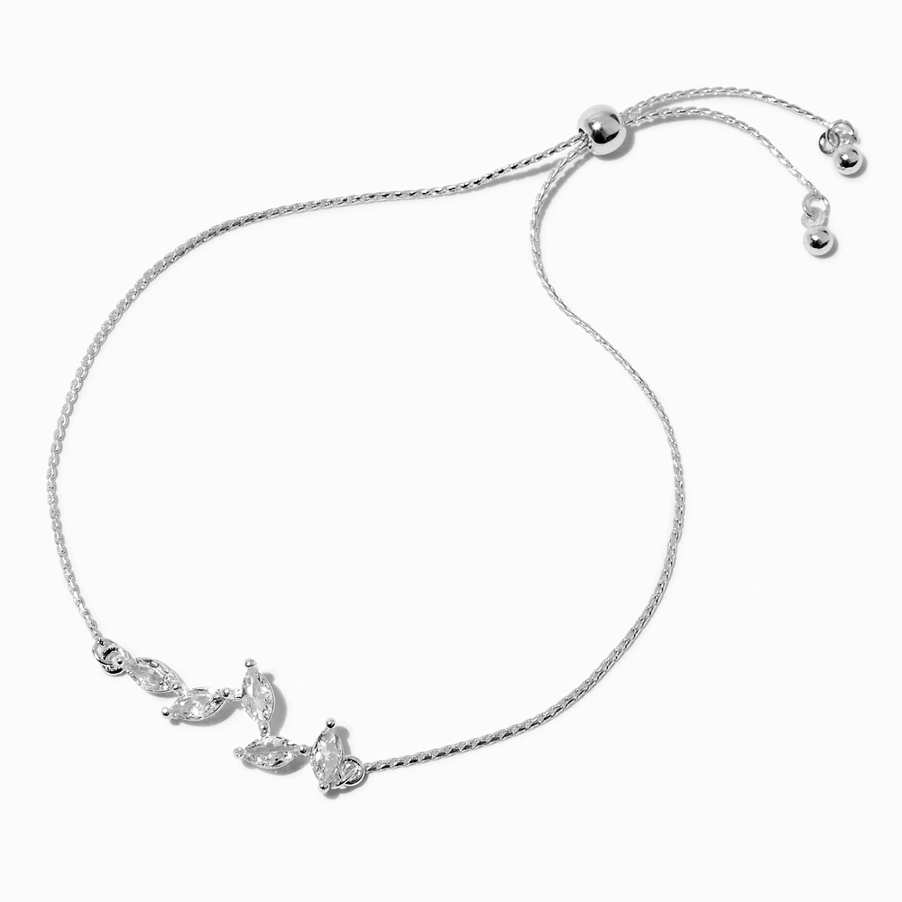 Silver-tone Cubic Zirconia Leaf Adjustable Bracelet 