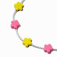 Silver-tone Pink & Yellow Flower Bolo Bracelet