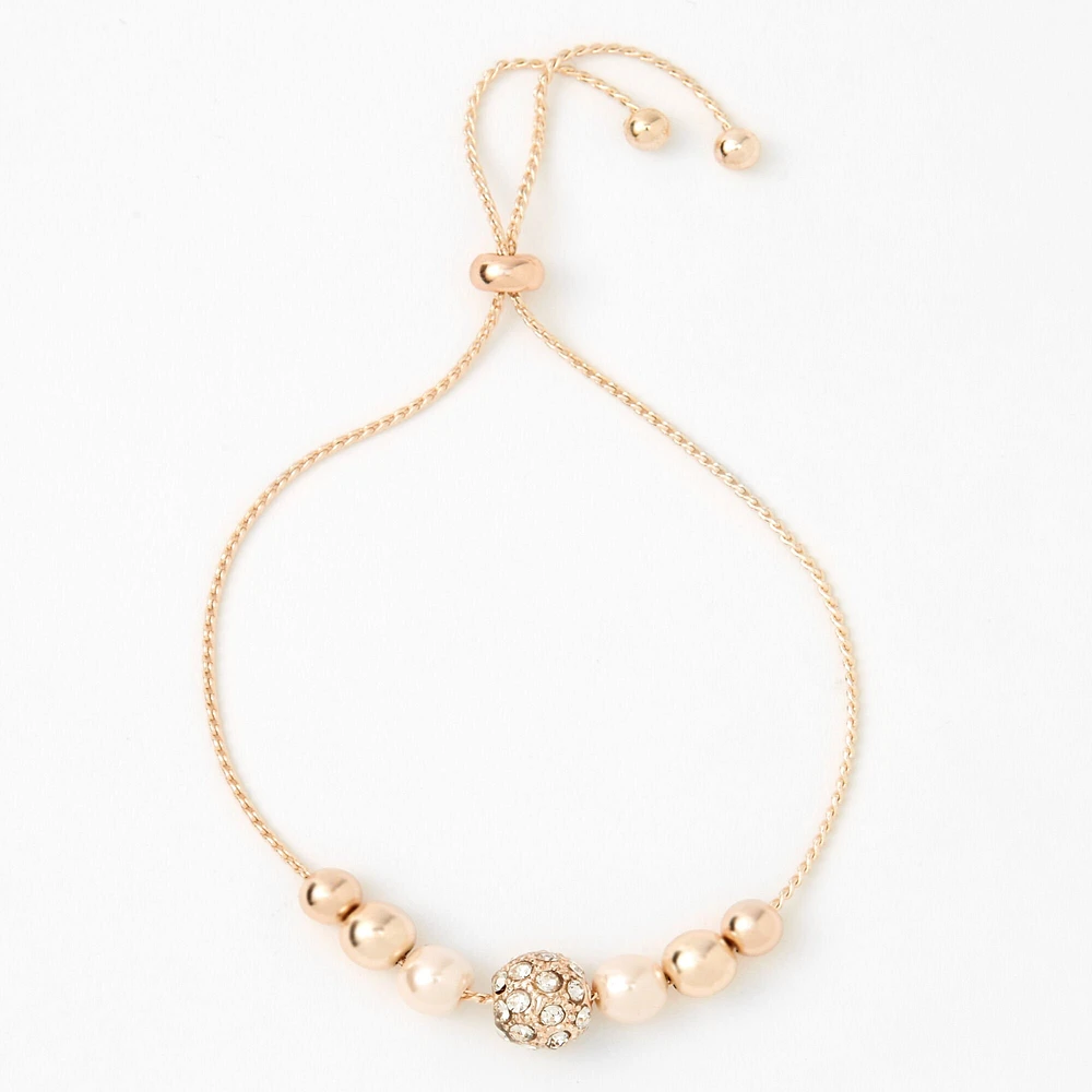 Rose Gold-tone Crystal Fireball & Pearl Bolo Bracelet