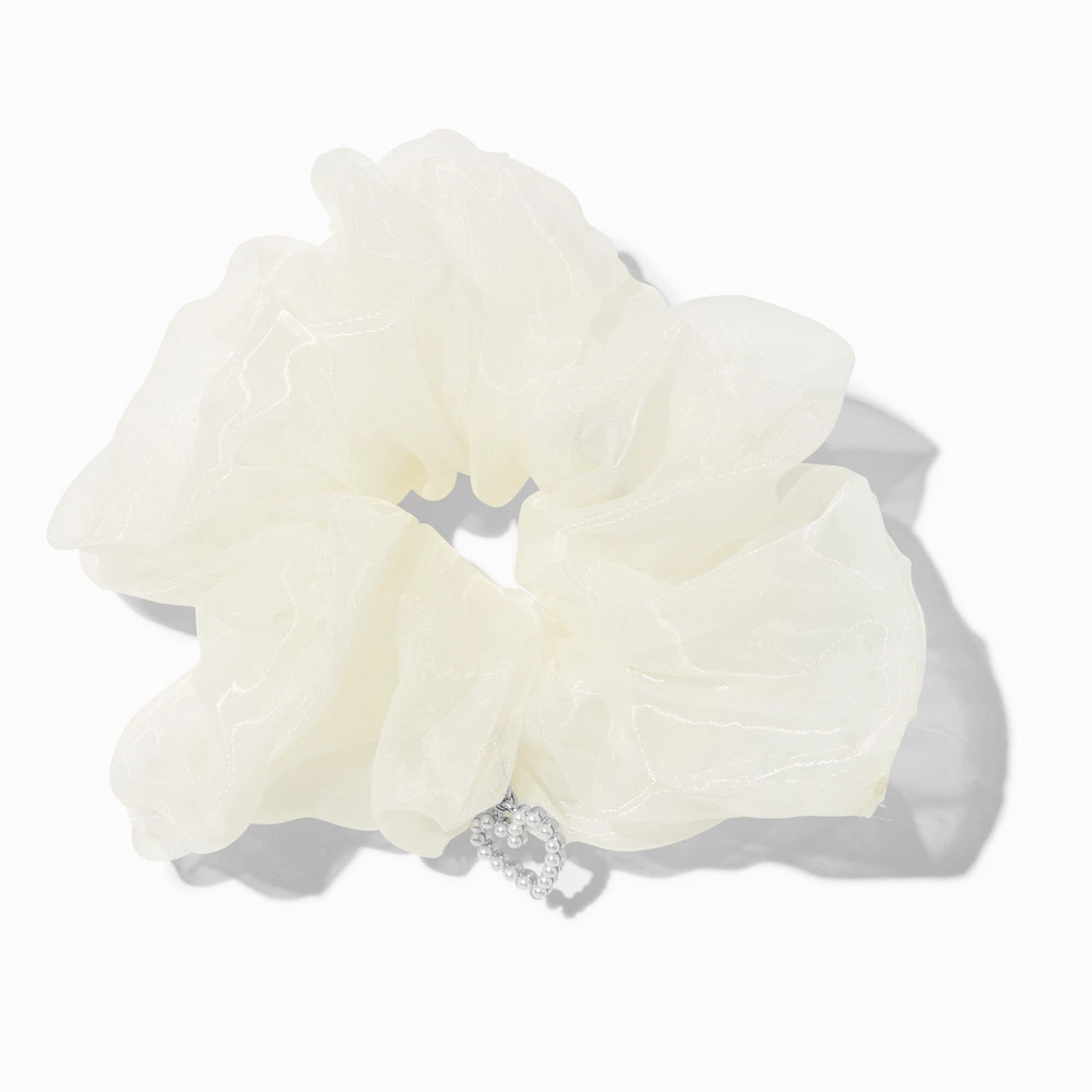 White Organza Heart Charm Hair Scrunchie