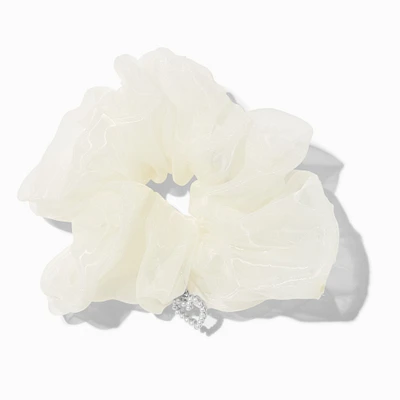 White Organza Heart Charm Hair Scrunchie