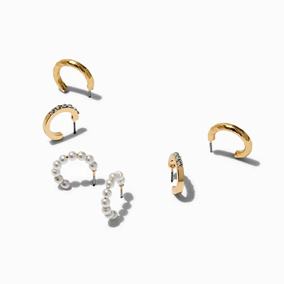 Gold-tone Pearl & Crystal Hoop Earring Stackables - 3 Pack 