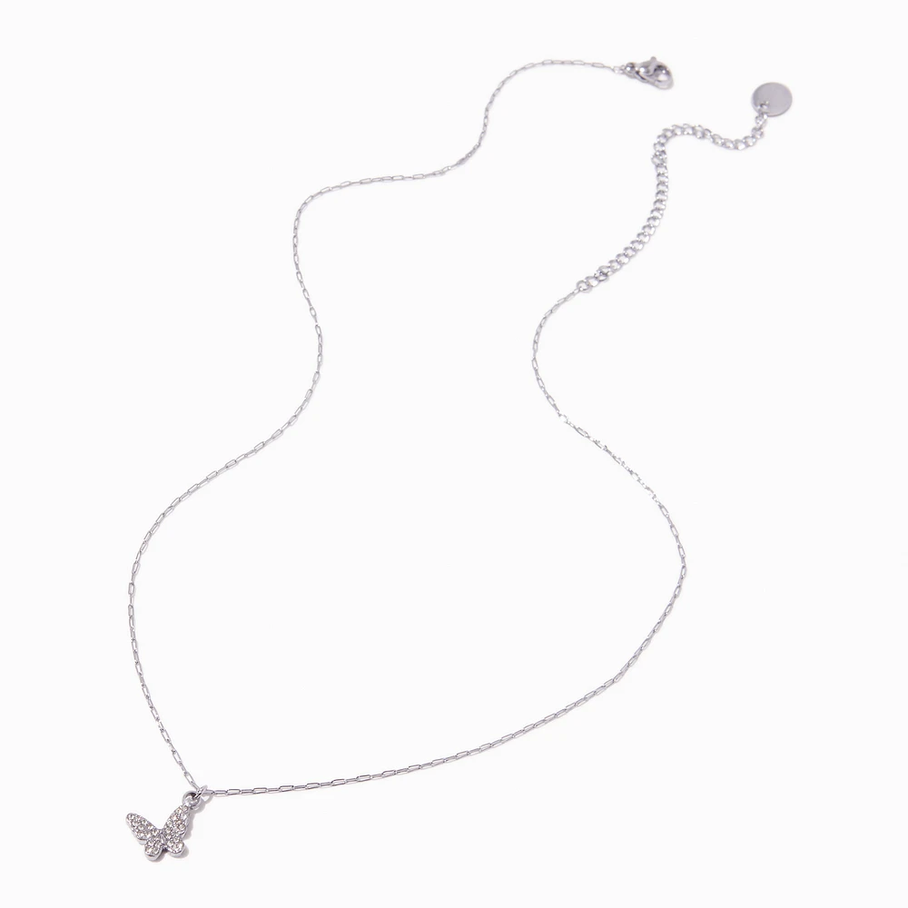 Silver-tone Stainless Steel Pavé Butterfly Pendant Necklace