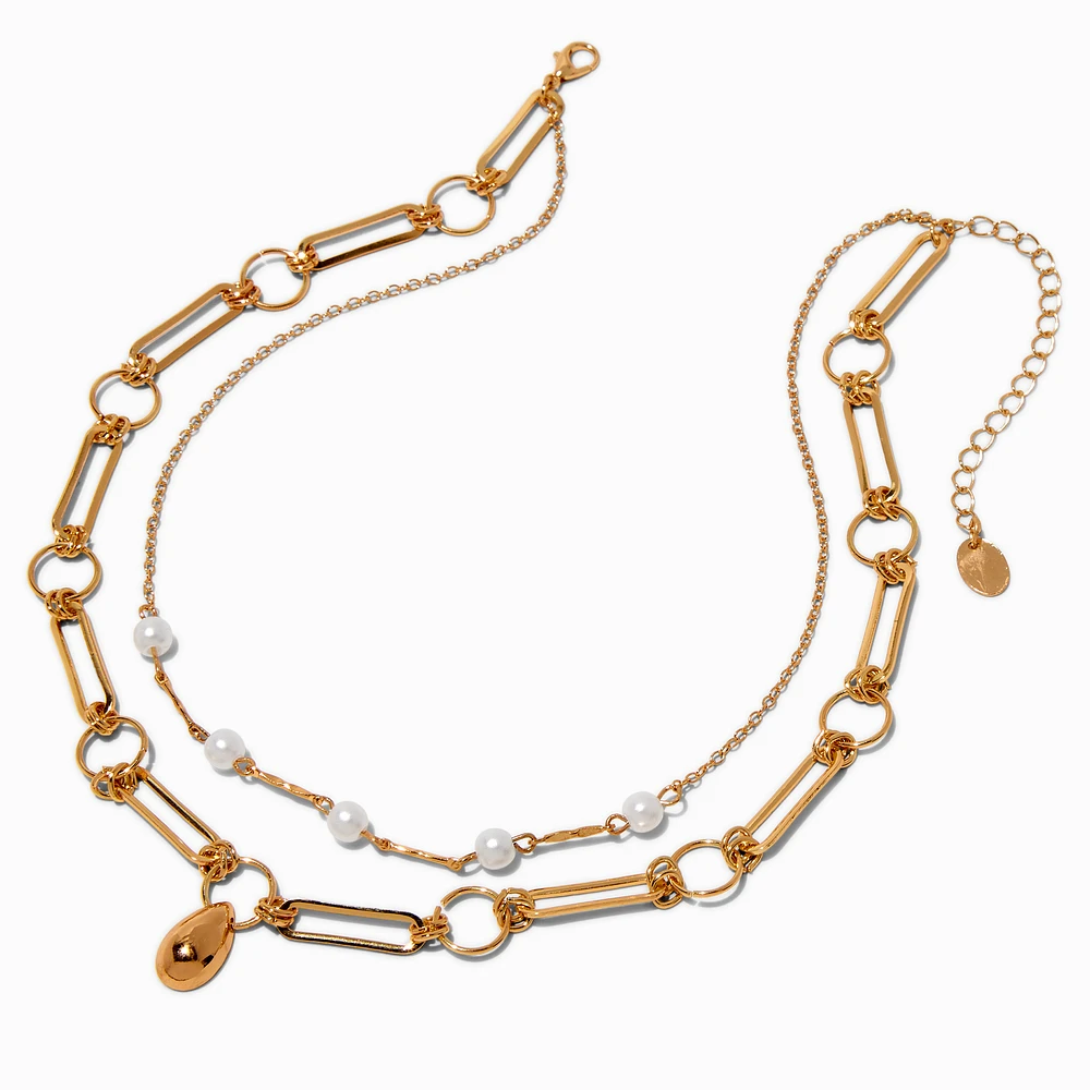 Gold-tone Teardrop Paper Clip & Pearl Chain Multi-Strand Necklace