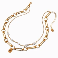 Gold-tone Teardrop Paper Clip & Pearl Chain Multi-Strand Necklace
