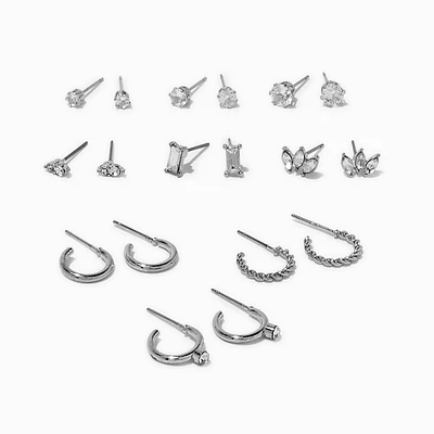 Silver-tone Cubic Zirconia Glitz Mixed Earrings Set - 9 Pack 