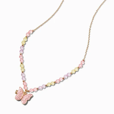 Pink Beaded Butterfly Locket Necklace