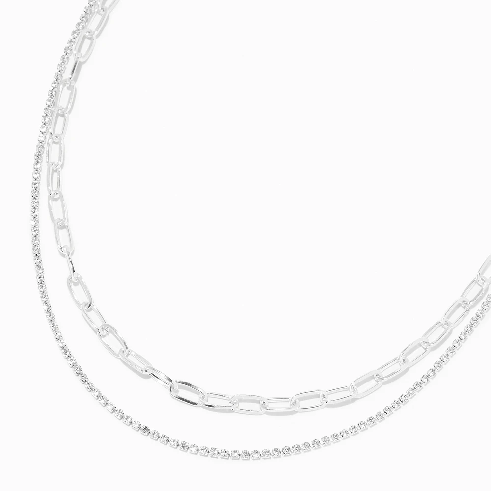 Silver Crystal & Paperclip Chain Multi-Strand Necklace