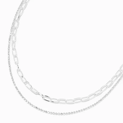 Silver Crystal & Paperclip Chain Multi-Strand Necklace