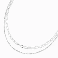 Silver Crystal & Paperclip Chain Multi-Strand Necklace