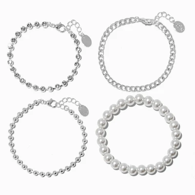 Silver-tone Bead & Pearl Bracelet Set - 4 Pack 
