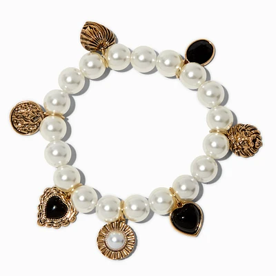 Gold-tone Pearl Charm Stretch Bracelet 