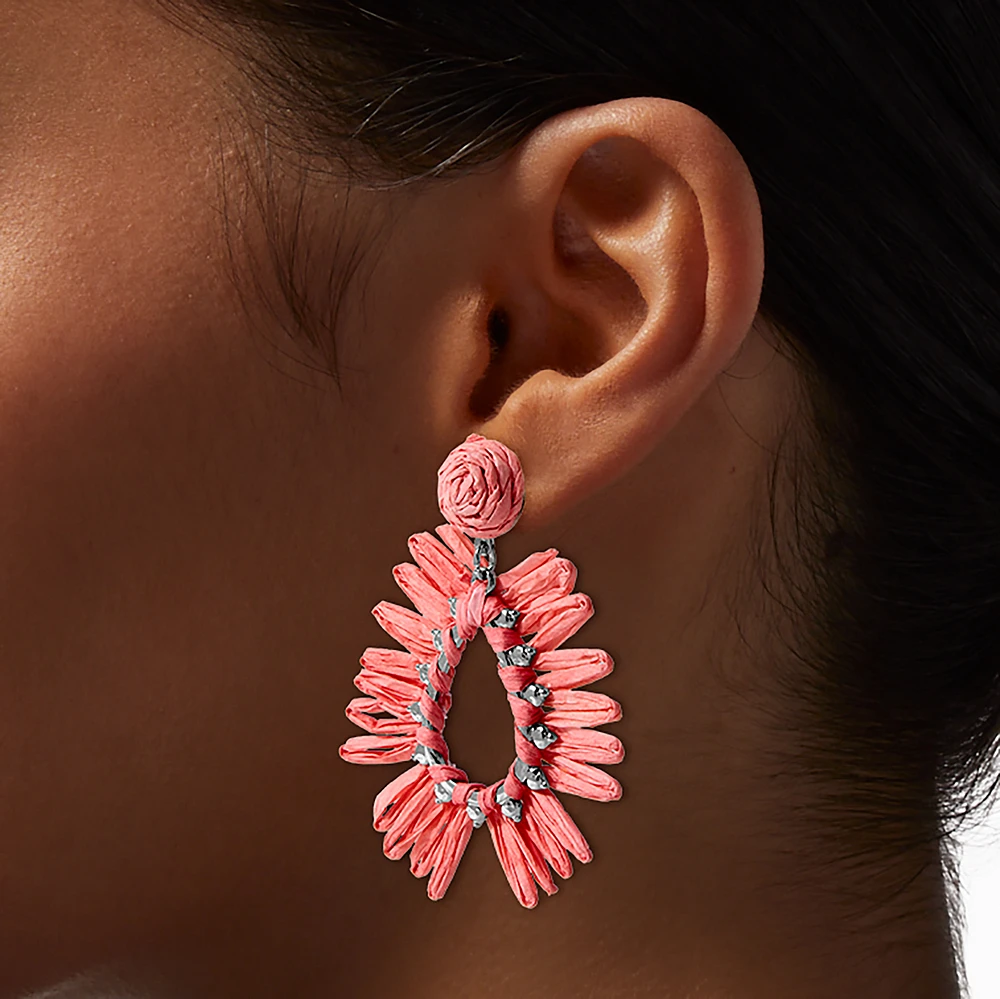 Coral Raffia Teardrop Drop Earrings