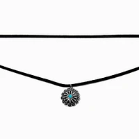 Turquoise Coin Black Cord Cowgirl Multi-Strand Necklace