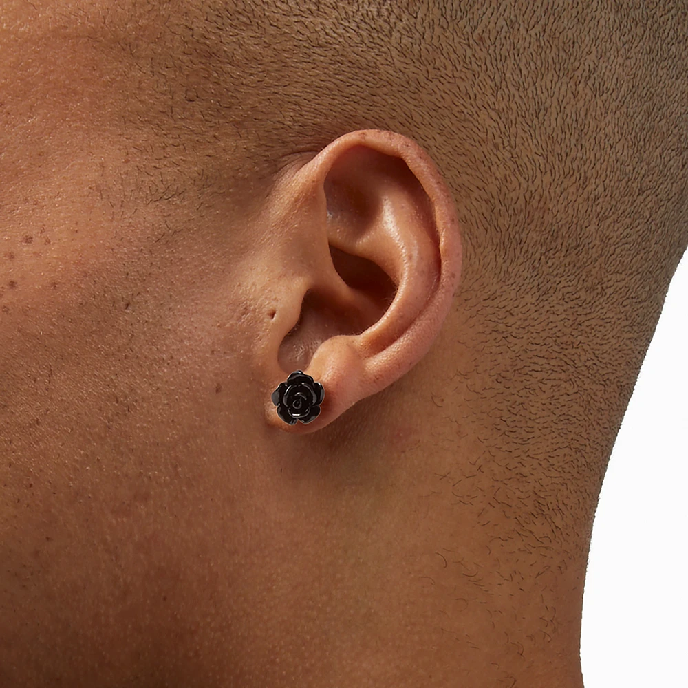 Black Carved Rose Stud Earrings