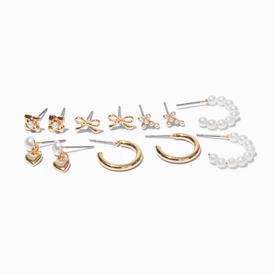 Gold-tone Bow & Pearl Mixed Stud & Hoop Earrings - 6 Pack