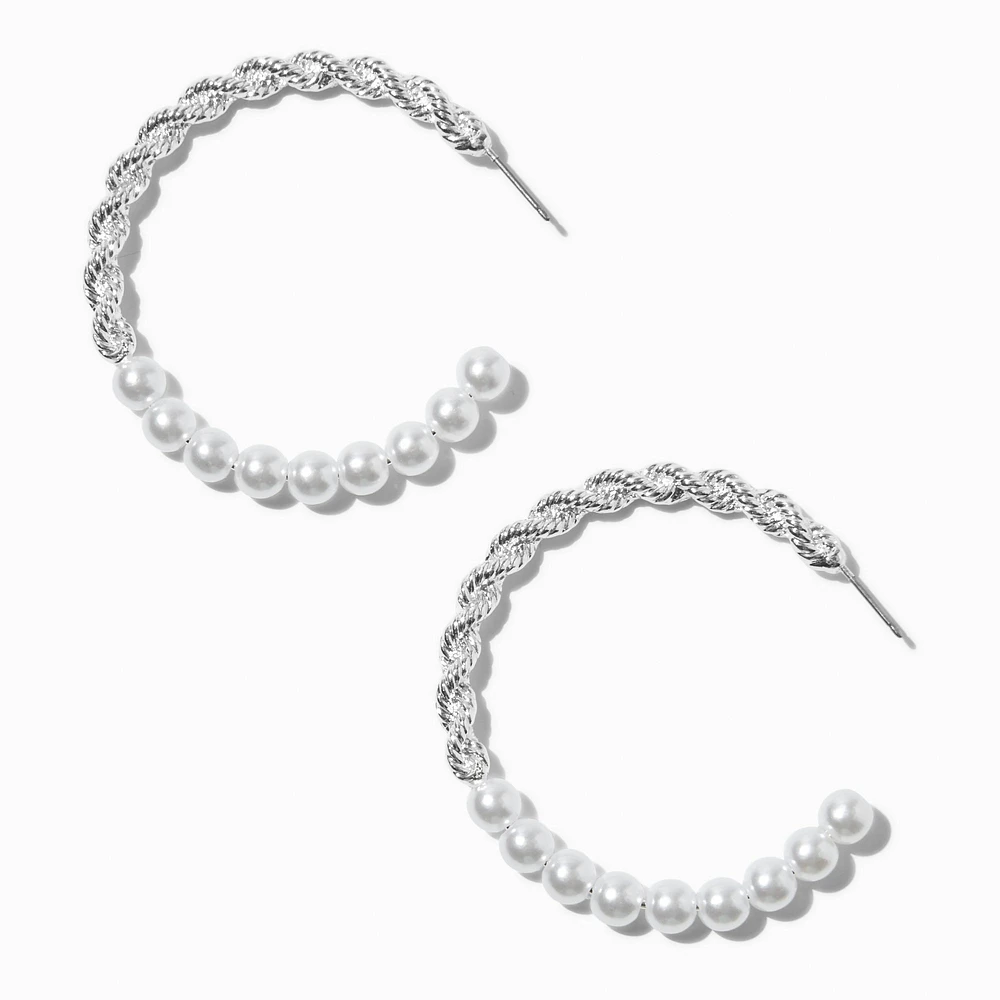 Silver-tone Twisted Pearl 50mm Hoop Earrings