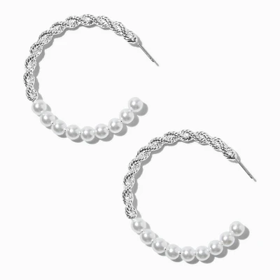 Silver-tone Twisted Pearl 50mm Hoop Earrings