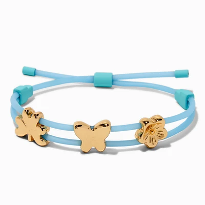 Gold-tone Clover, Flower & Butterfly Charm Blue Bolo Bracelet