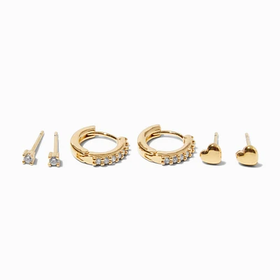 18kt Gold Plated Cubic Zirconia Heart Earring Stackables Set - 3 Pack