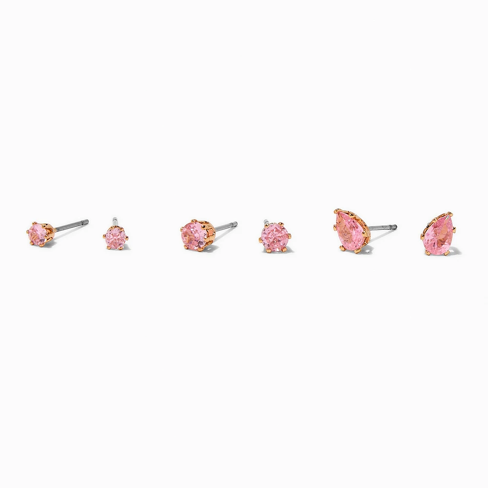Gold-tone Pink Cubic Zirconia Round & Teardrop Stud Earrings - 3 Pack