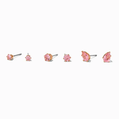 Gold-tone Pink Cubic Zirconia Round & Teardrop Stud Earrings - 3 Pack