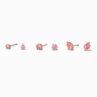 Gold-tone Pink Cubic Zirconia Round & Teardrop Stud Earrings - 3 Pack