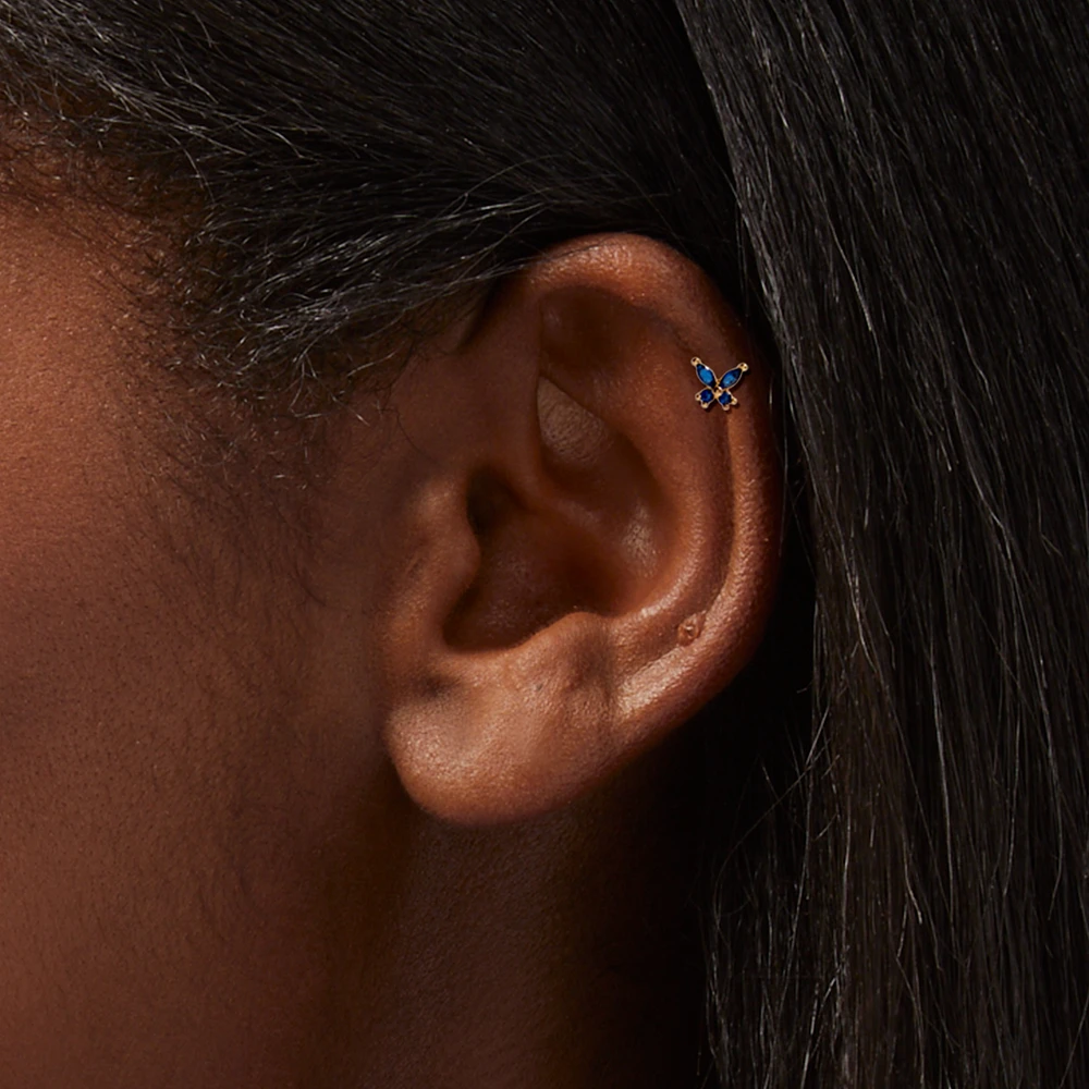 Gold-tone Stainless Steel 16G Blue Butterfly & Flower Cartilage Earrings - 3 Pack