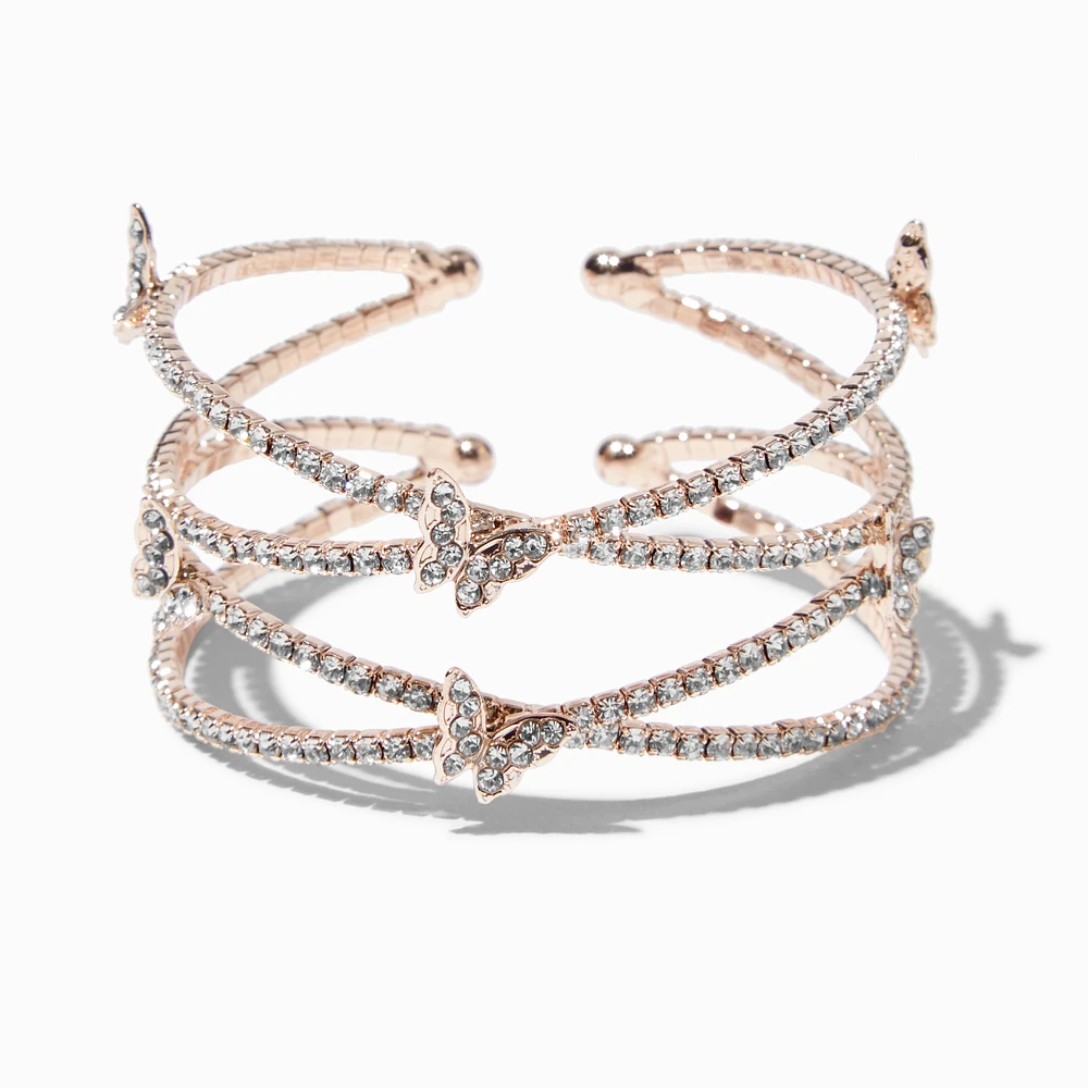 Rhinestone Butterfly Rose Gold-tone Criss Cross Cuff Bracelet