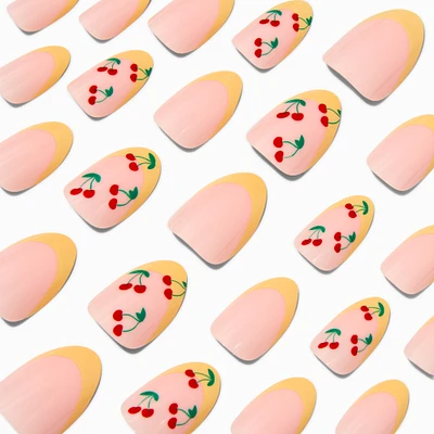 Yellow French Tip Cherry Almond Vegan Faux Nail Set - 24 Pack