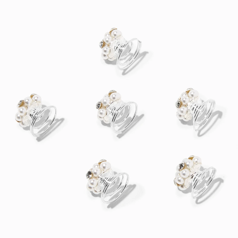 Silver Pearl & Rhinestone Cluster Hair Spinners - 6 Pack