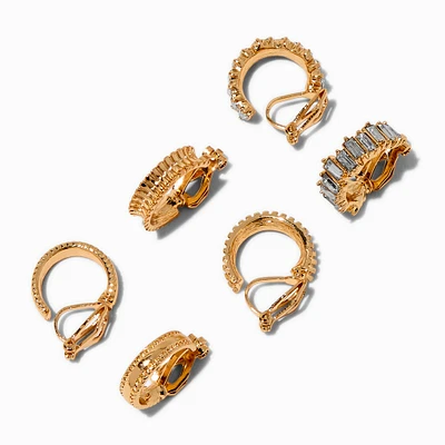 Gold-tone Crystal Tread Hoop Clip-On Earrings - 3 Pack