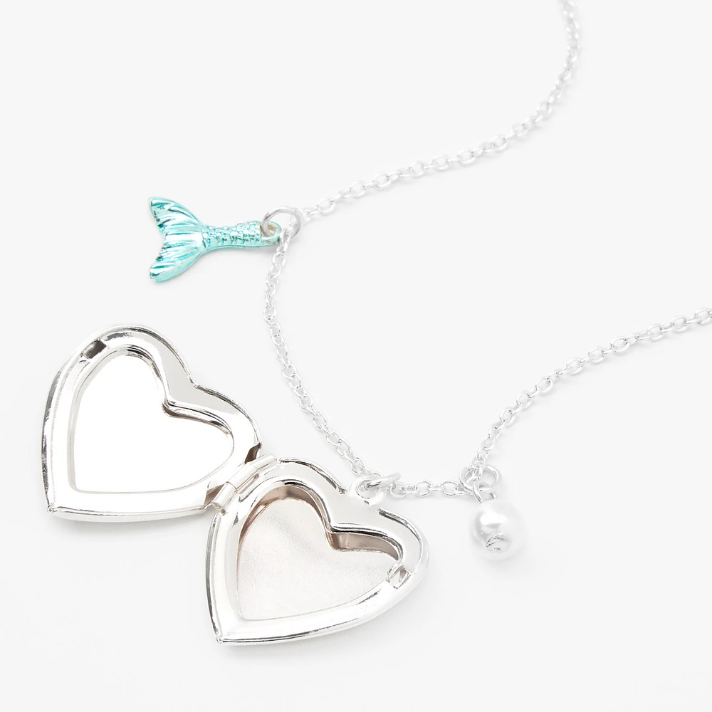 Silver Mermaid Heart Locket Pendant Necklace