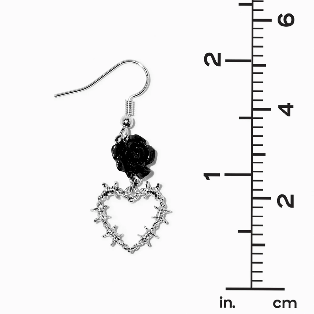 Black Rose Barbed Wire Heart 1" Drop Earrings 