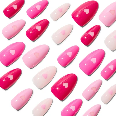 Pink Heart Long Almond Vegan Faux Nails - 24 Pack
