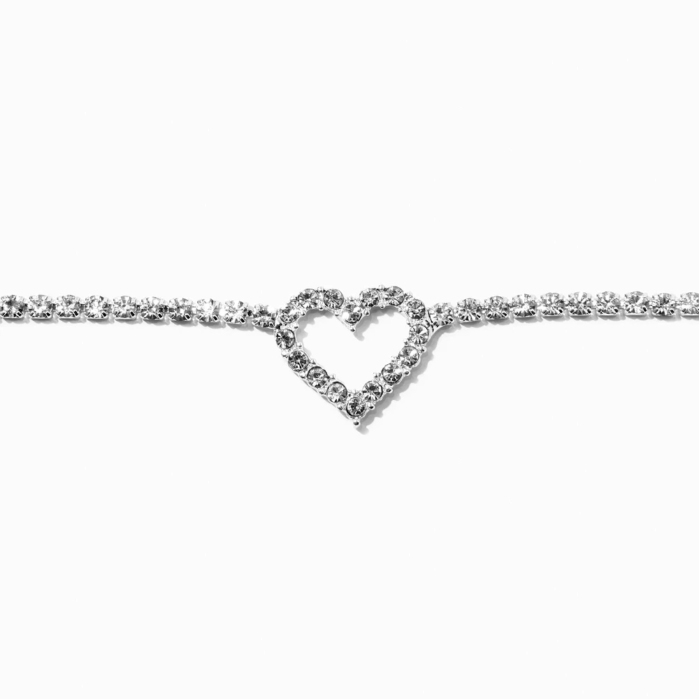 Silver-tone Rhinestone Heart Pendant Choker Necklace 