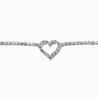Silver-tone Rhinestone Heart Pendant Choker Necklace 