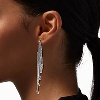 Silver 4" Crystal Fringe Clip-On Drop Earrings