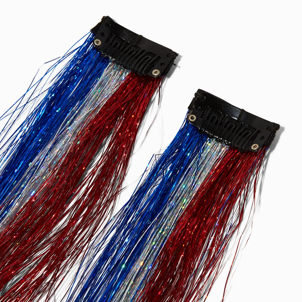 Red, White, & Blue Tinsel Faux Hair Clip In Extensions - 2 Pack