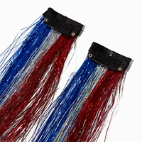 Red, White, & Blue Tinsel Faux Hair Clip In Extensions - 2 Pack