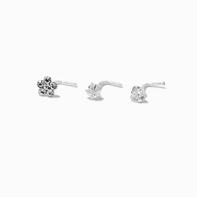 22G Sterling Silver Cubic Zirconia Flower Nose Studs - 3 Pack