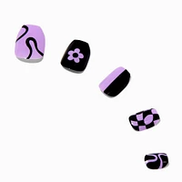 Black & Purple Checkered Coffin Press On Vegan Faux Nail Set - 24 Pack
