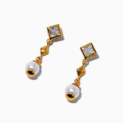 C LUXE by Claire's 18kt Gold Plated Cubic Zirconia Square & Pearl Micro Drop Earrings