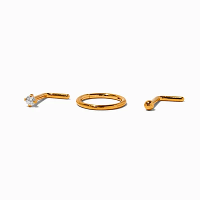 18G 18k Yellow Gold Plated Titanium Stud & Hoop Nose Jewelry Set - 3 Pack